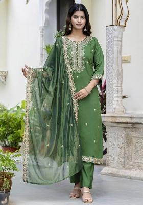Green Embroidery Silk Kurta Set