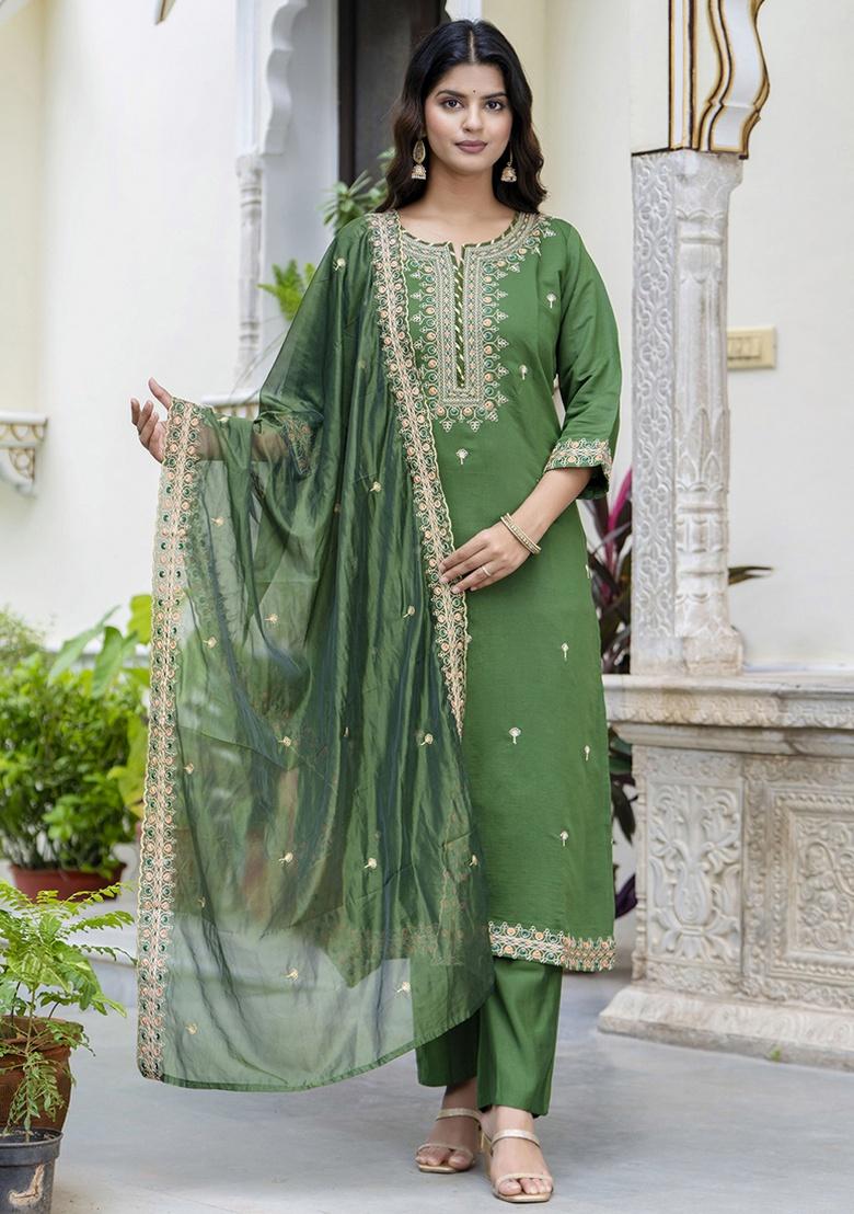 Green Embroidery Silk Kurta Set