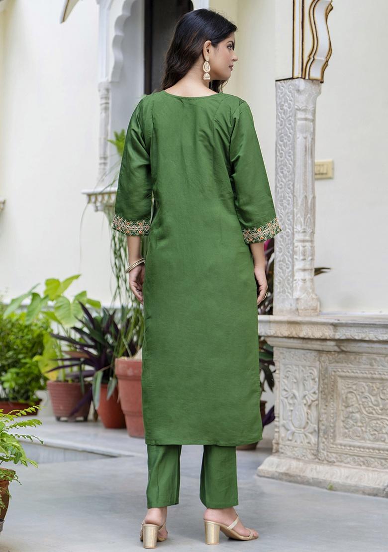 Green Embroidery Silk Kurta Set