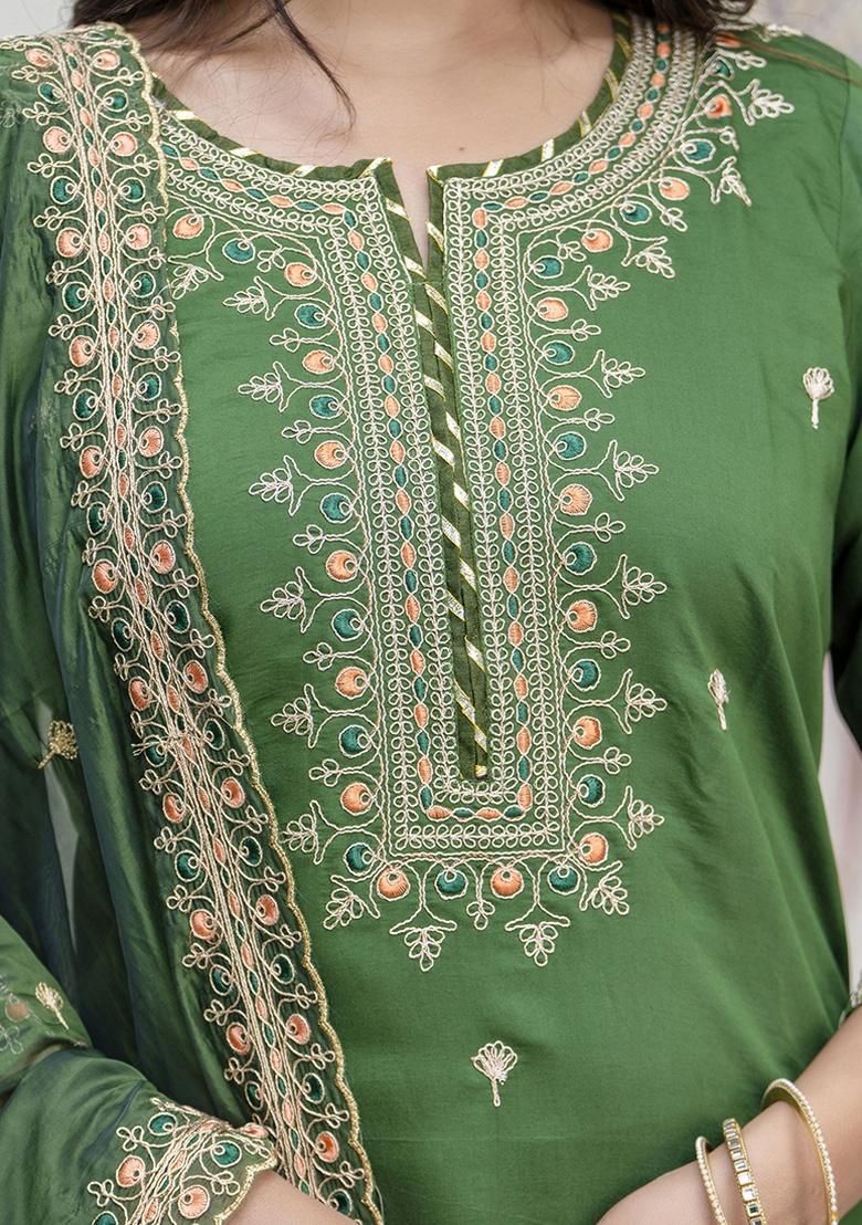 Green Embroidery Silk Kurta Set - Indya