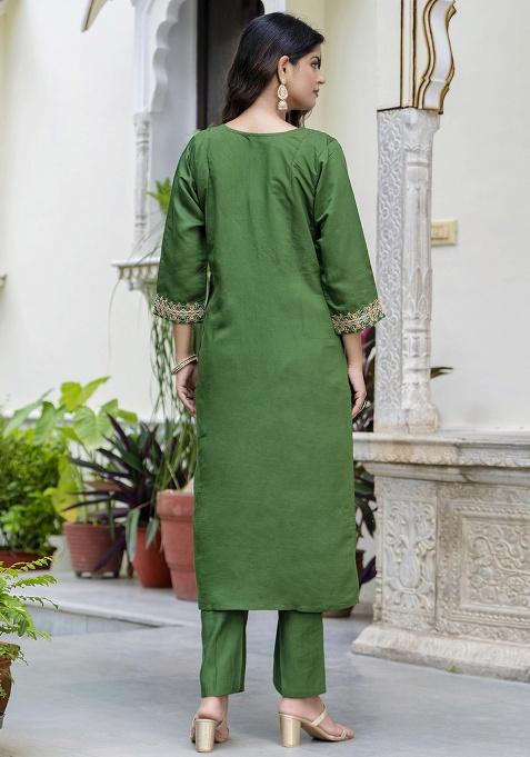 Green Embroidery Silk Kurta Set