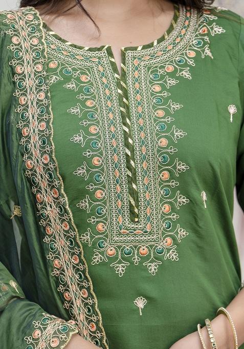 Green Embroidery Silk Kurta Set
