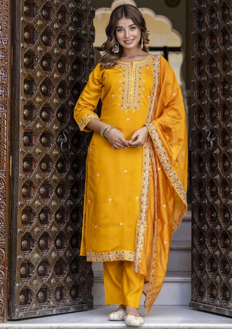 Yellow Embroidery Silk Kurta Set