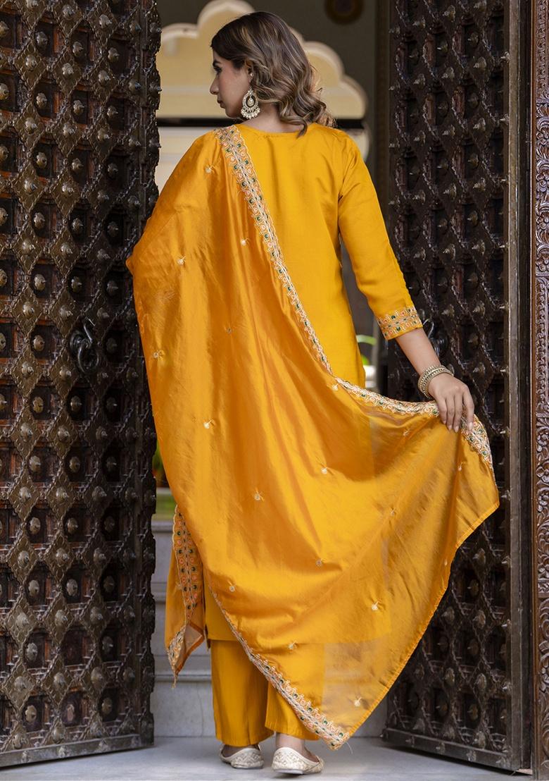 Yellow Embroidery Silk Kurta Set