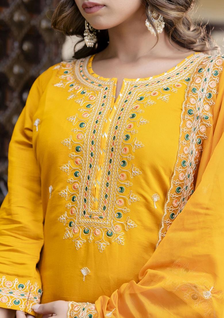 Yellow Embroidery Silk Kurta Set