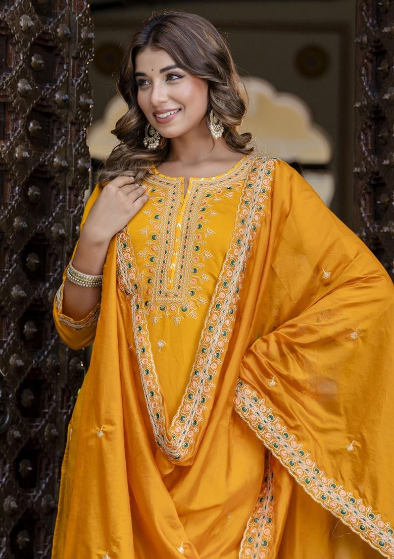 Yellow Embroidery Silk Kurta Set