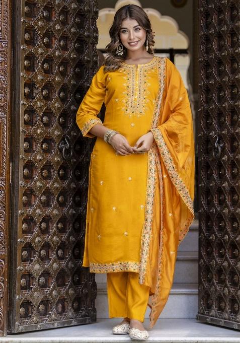 Yellow Embroidery Silk Kurta Set