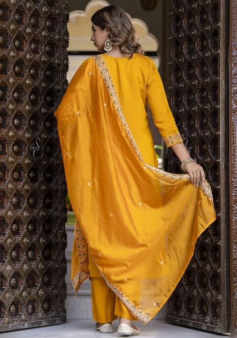 Yellow Embroidery Silk Kurta Set
