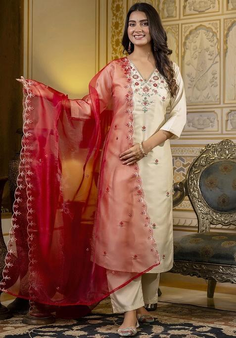 Beige Embroidery Silk Kurta Set