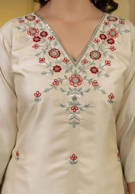 Beige Embroidery Silk Kurta Set