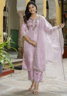 Lavender Embroidery Silk Kurta Set
