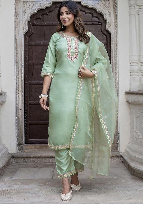 Pista Embroidery Silk Kurta Set