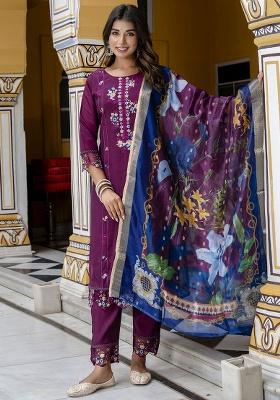 Purple Embroidery Silk Kurta Set
