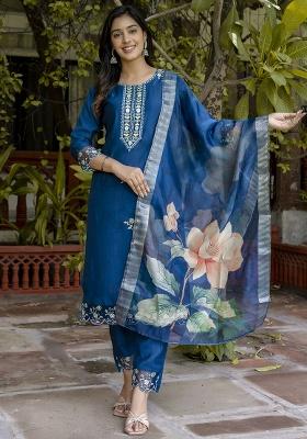 Blue Embroidery Silk Kurta Set