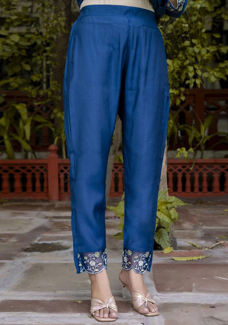 Blue Embroidery Silk Kurta Set - Indya