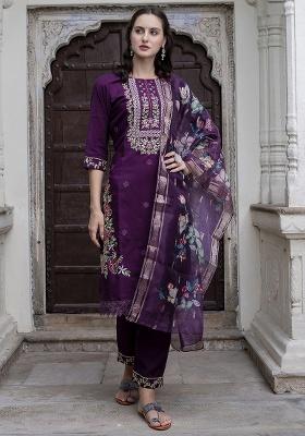 Purple Embroidery Silk Kurta Set