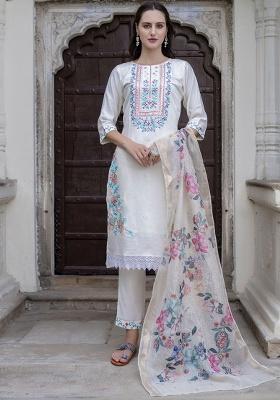 White Embroidery Silk Kurta Set