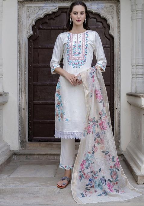 White Embroidery Silk Kurta Set