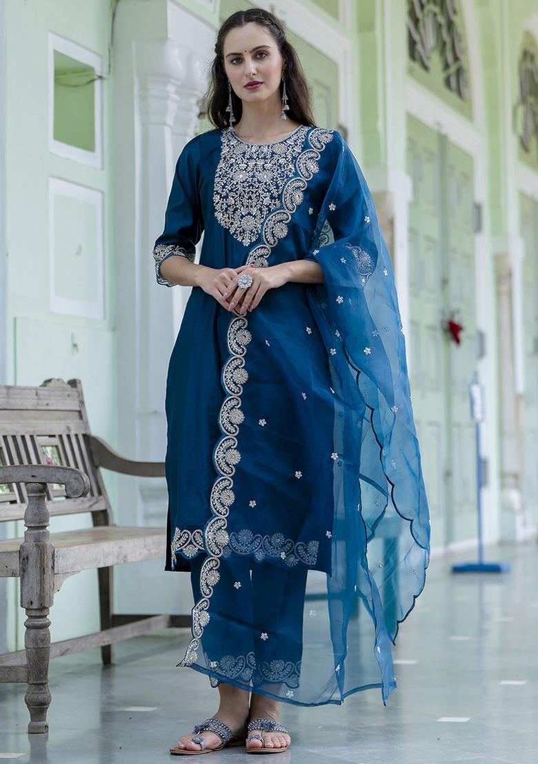 Teal Embroidery Silk Kurta Set