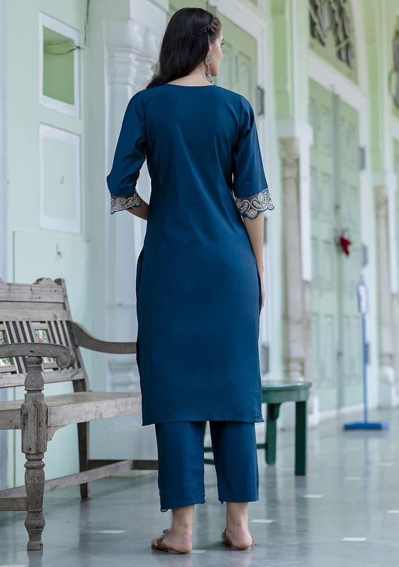 Teal Embroidery Silk Kurta Set