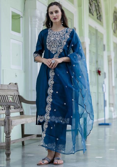 Teal Embroidery Silk Kurta Set