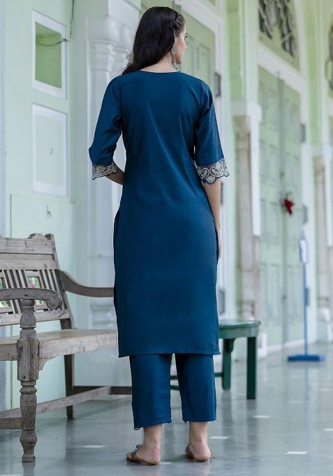 Teal Embroidery Silk Kurta Set