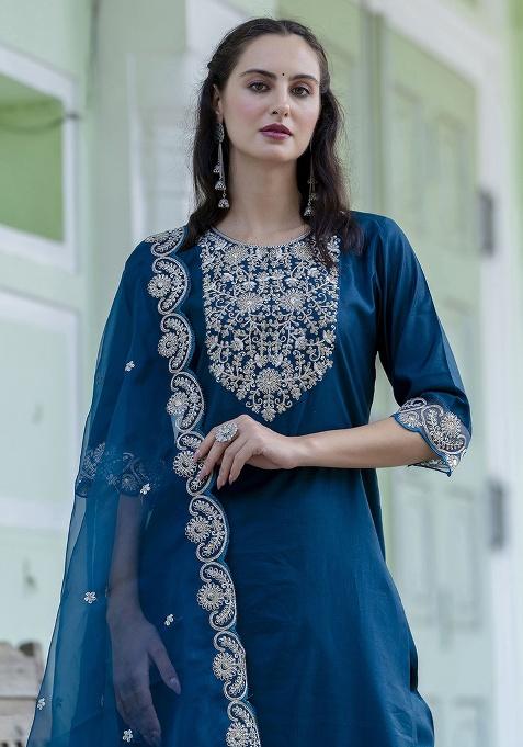 Teal Embroidery Silk Kurta Set
