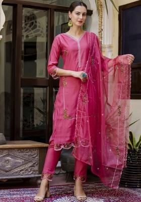 Pink Embroidery Silk Kurta Set