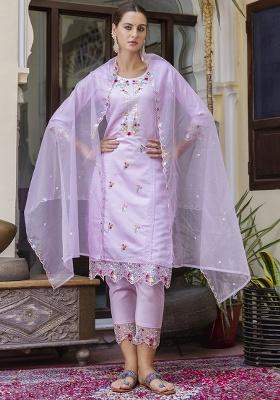Lavender Embroidery Silk Kurta Set