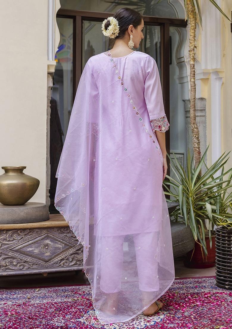 Lavender Embroidery Silk Kurta Set - Indya
