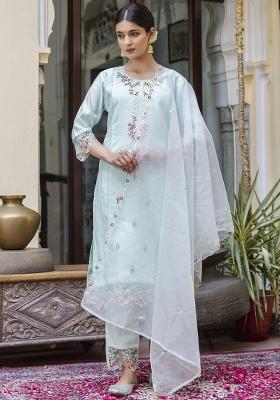 Sea Green Embroidery Silk Kurta Set