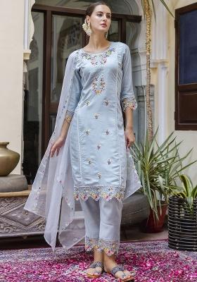Sky Embroidery Silk Kurta Set