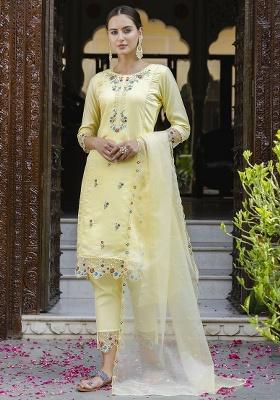 Yellow Embroidery Silk Kurta Set