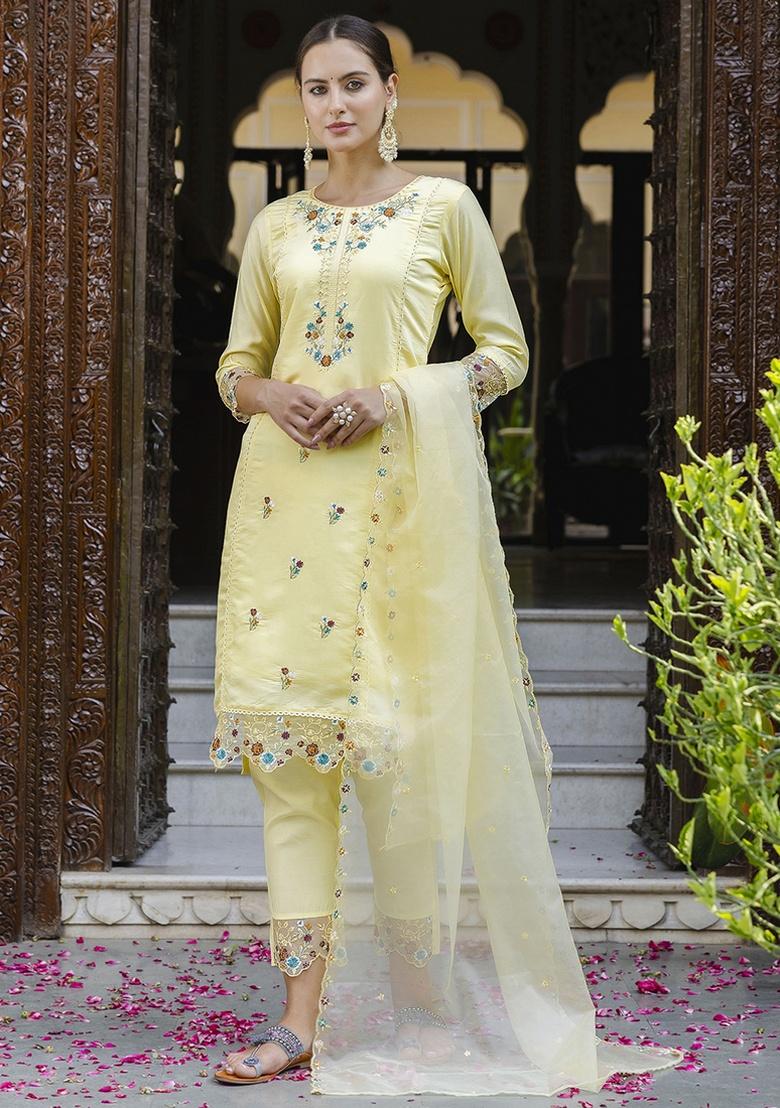 Yellow Embroidery Silk Kurta Set