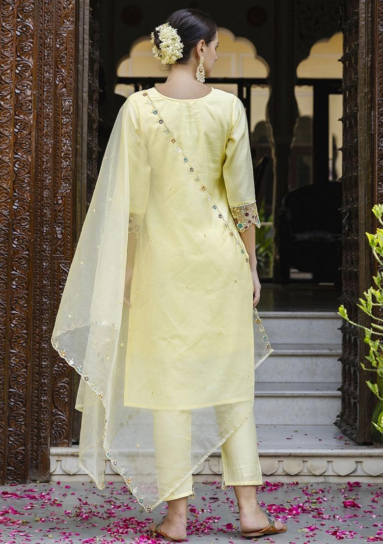 Yellow Embroidery Silk Kurta Set