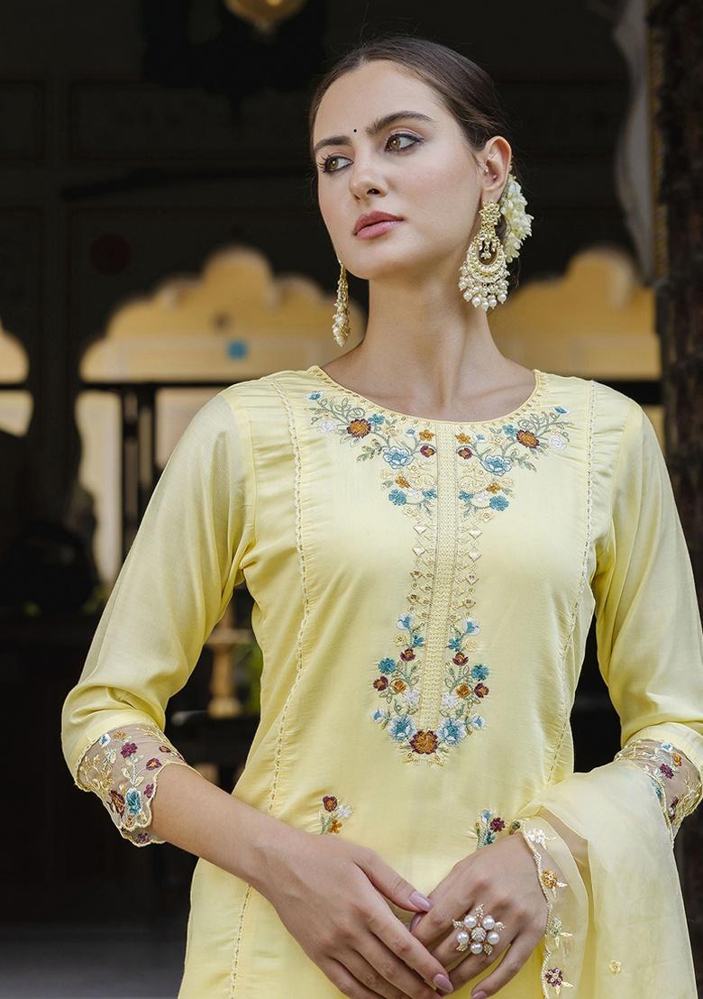 Yellow Embroidery Silk Kurta Set