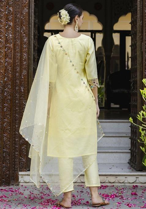 Yellow Embroidery Silk Kurta Set
