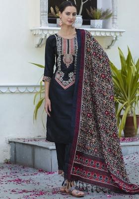 Black Embroidery Silk Kurta Set