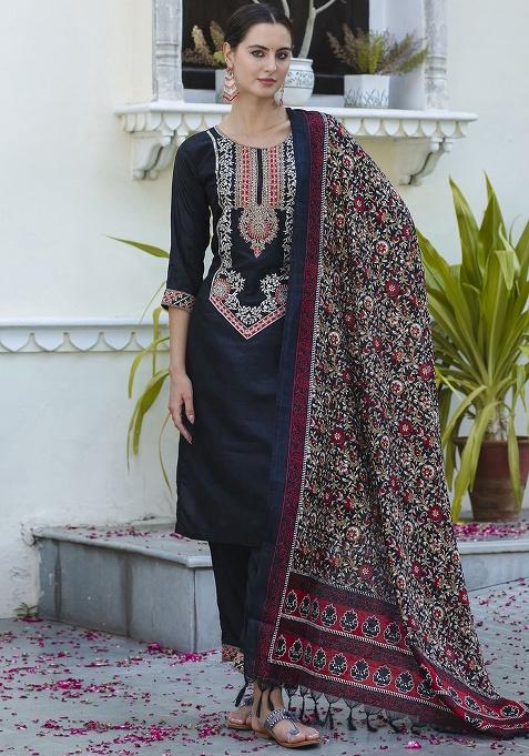 Black Embroidery Silk Kurta Set