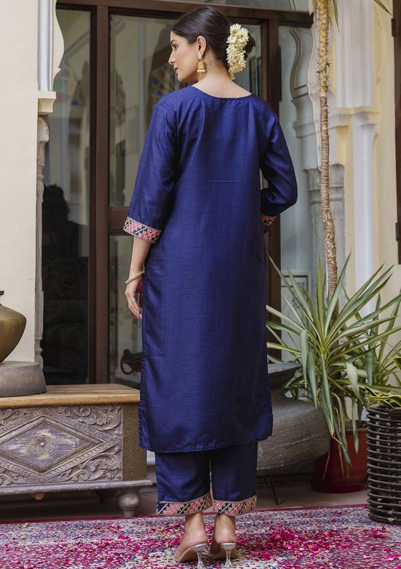 Blue Embroidery Silk Kurta Set - Indya