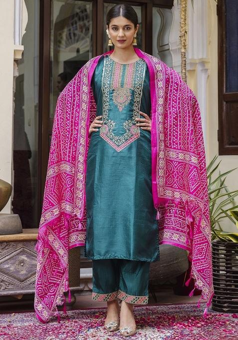 Rama Embroidery Silk Kurta Set