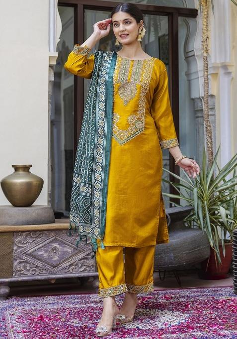 Yellow Embroidery Silk Kurta Set