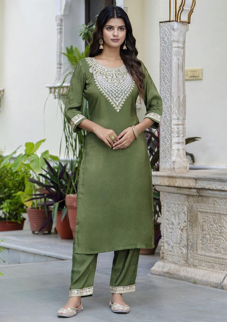 Green Embroidery Silk Kurta Set