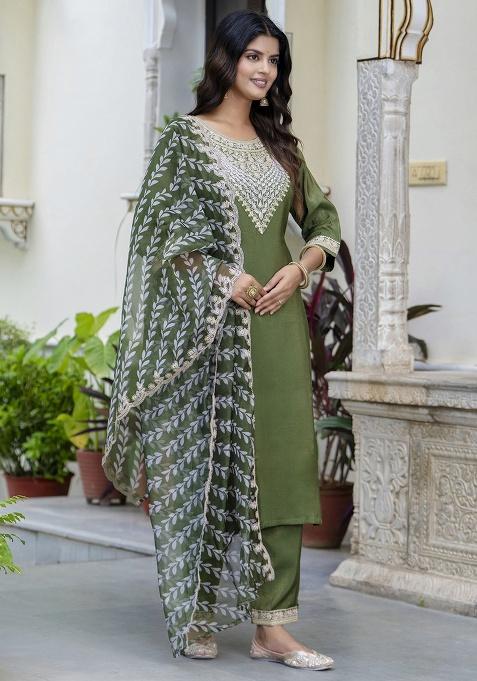 Green Embroidery Silk Kurta Set