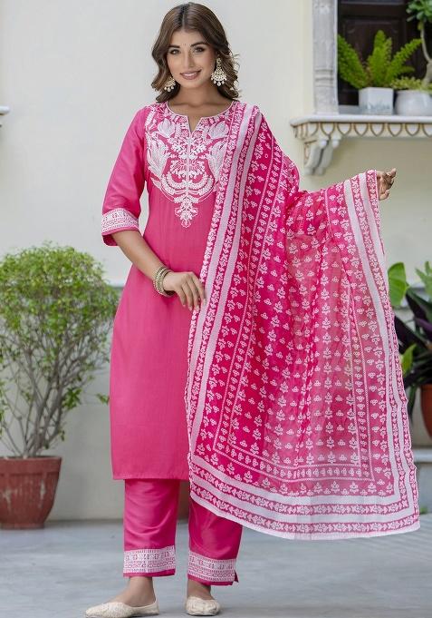 Pink Embroidery Silk Kurta Set