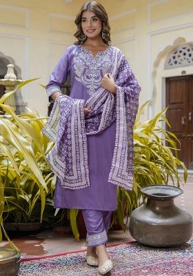 Purple Embroidery Silk Kurta Set