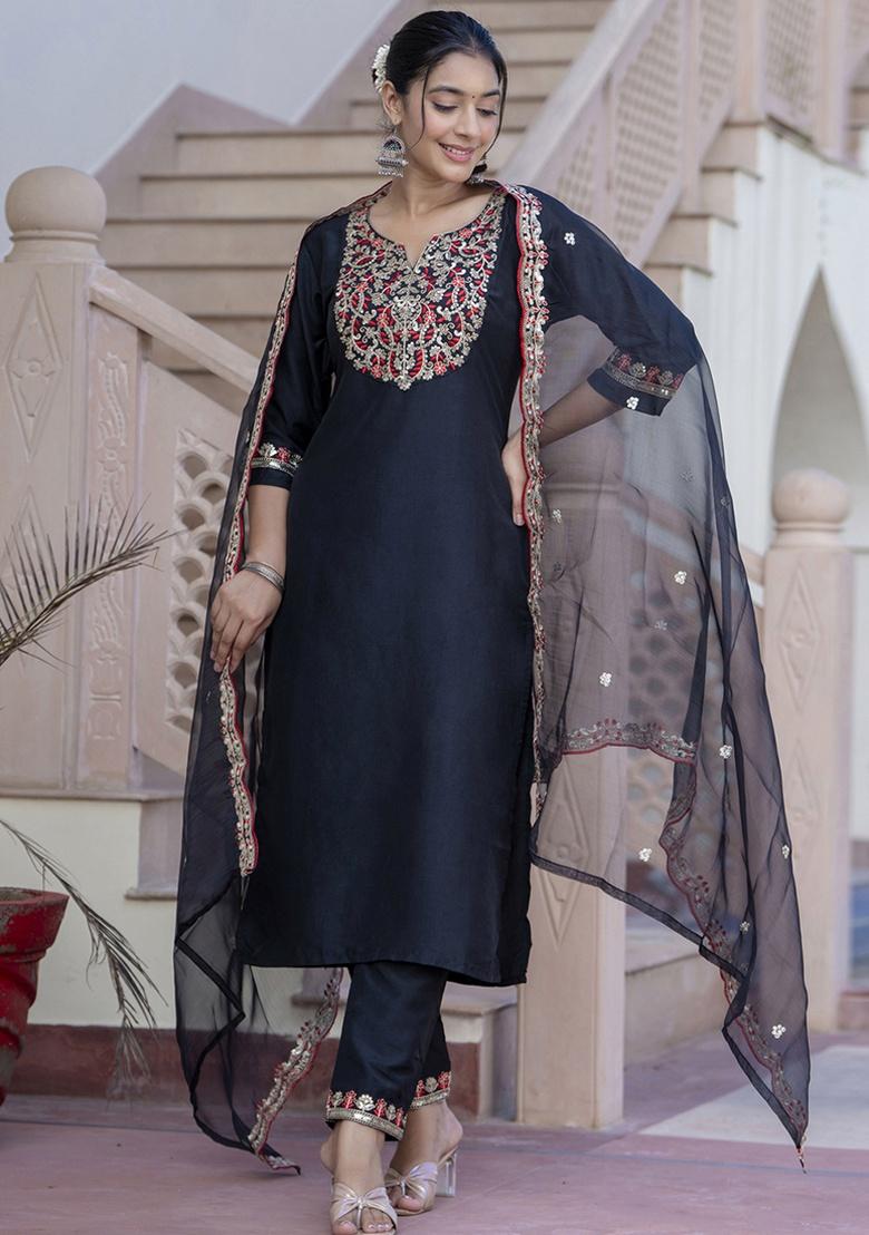 Black Embroidery Silk Kurta Set - Indya
