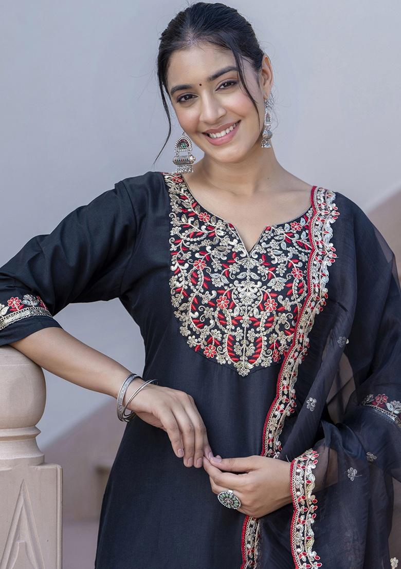 Black Embroidery Silk Kurta Set - Indya