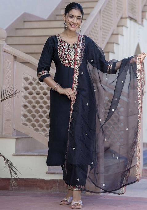 Black Embroidery Silk Kurta Set
