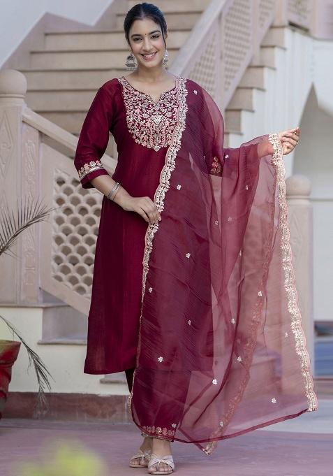 Maroon Embroidery Silk Kurta Set